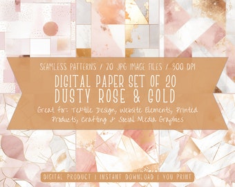 Dusty Rose & Gold Seamless Patterns - Pink and Gold Abstract Shapes, 20 Digital Papers, 12x12", 300 DPI