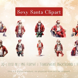 Sexy Santa Aquarell Clipart Set - 20 PNG Dateien, transparenter Hintergrund, 30x30 cm, 300 DPI