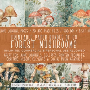 Strony dziennika Forest Mushroom Junk - zestaw papieru do druku - 20 JPG, 8,5 x 11 cali, 300 DPI