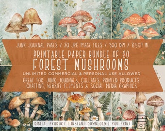 Forest Mushroom Junk Journal Pages - Printable Paper Set - 20 JPGs, 8.5x11 Inches, 300 DPI