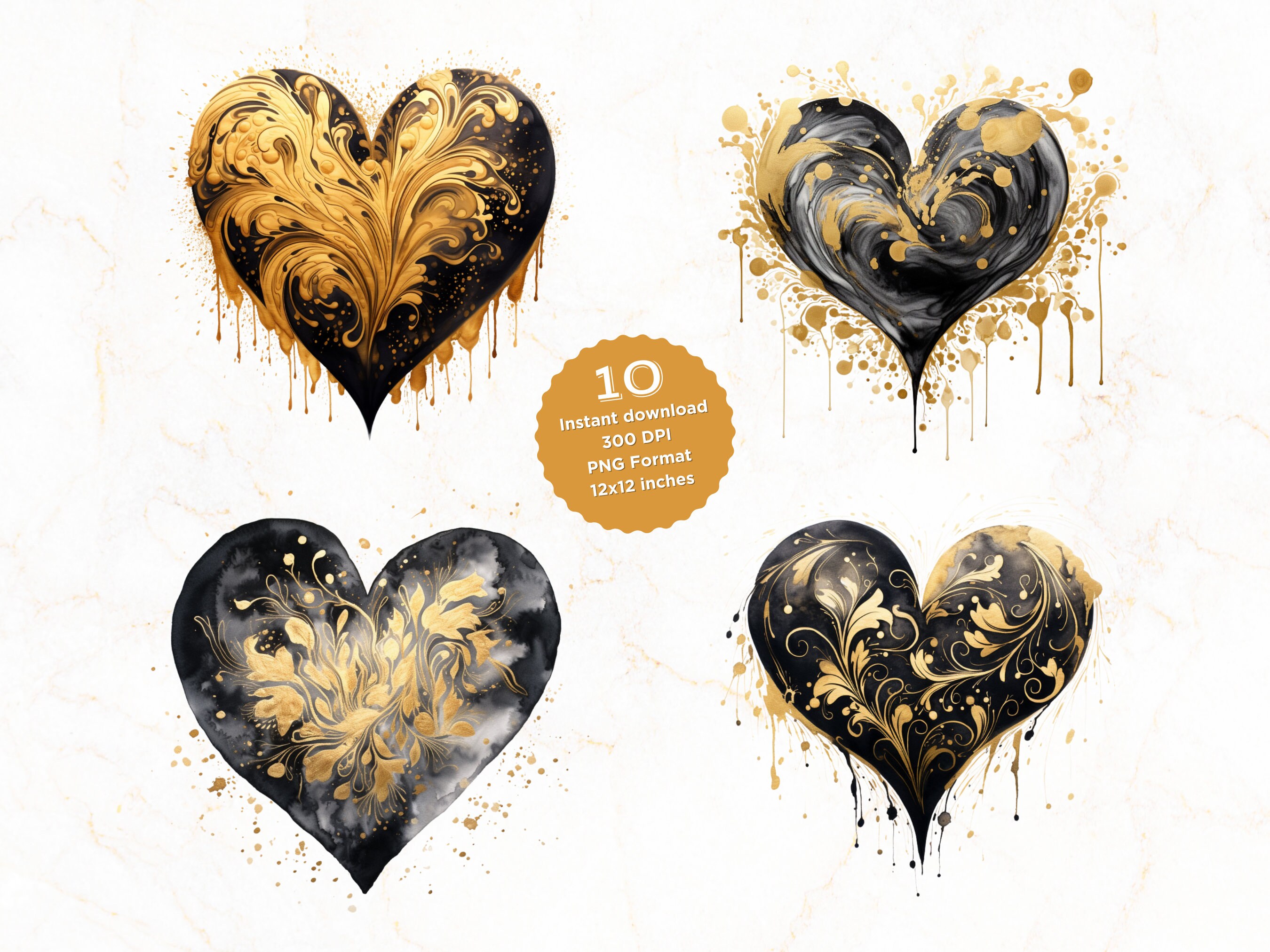 Watercolor Black & Gold Hearts Clipart - 10 PNG Files, 12x12 Inches ...