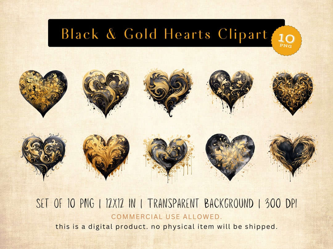 Watercolor Black & Gold Hearts Clipart - 10 PNG Files, 12x12 Inches ...
