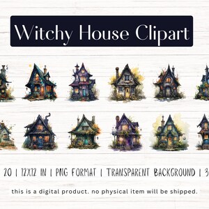 Witchy Houses Clipart - 20 PNG Files, 12x12 Inches, 300 DPI - Instant Download