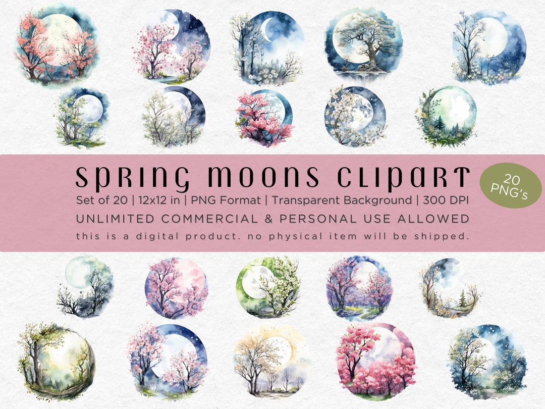 Spring Moons Watercolor Clipart Bundle: 12x12 PNG Files, Transparent ...