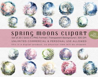 Spring Moons Clipart - Watercolor Clipart Bundle, Commercial Use, 12x12, PNG Files, Transparent Background, 300 DPI