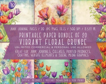 Vibrant Floral Grunge Paper Set - Shabby Chic Junk Journal Pages - 20 JPGs, 8.5x11 Inches, 300 DPI