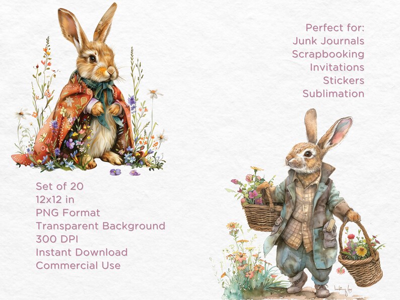 Spring Bunnies Clipart Watercolor Clipart Bundle, Commercial Use, 12x12 ...
