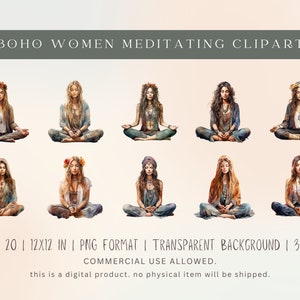 Watercolor Boho Women Meditating Clipart - 20 PNG Files, 12x12, 300 DPI, Transparent Background