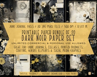 Dark Noir Paper Set - Grunge Junk Journal Pages - 20 JPGs, 8.5x11 Inches, 300 DPI