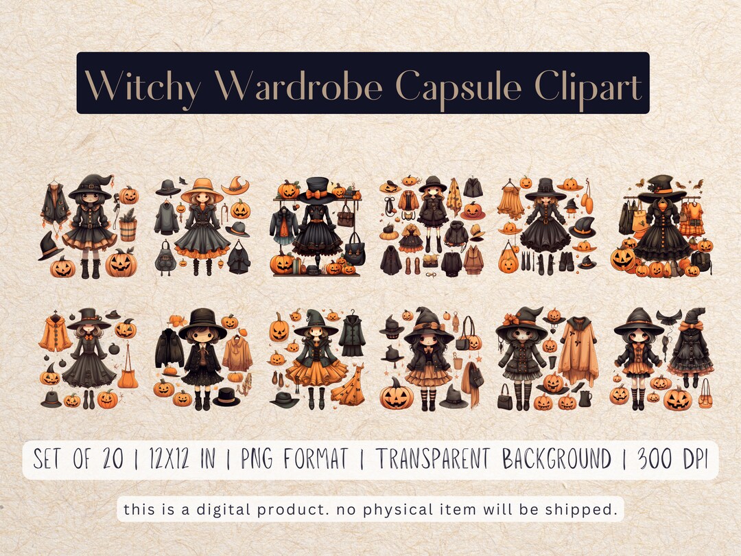 Witchy Wardrobe Watercolor Clipart - 20 PNG Files, 12x12 Inches, 300 ...