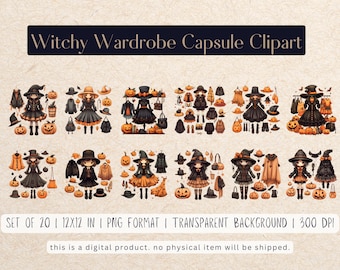 Witchy Wardrobe Watercolor Clipart - 20 PNG Files, 12x12 Inches, 300 DPI, Transparent Background