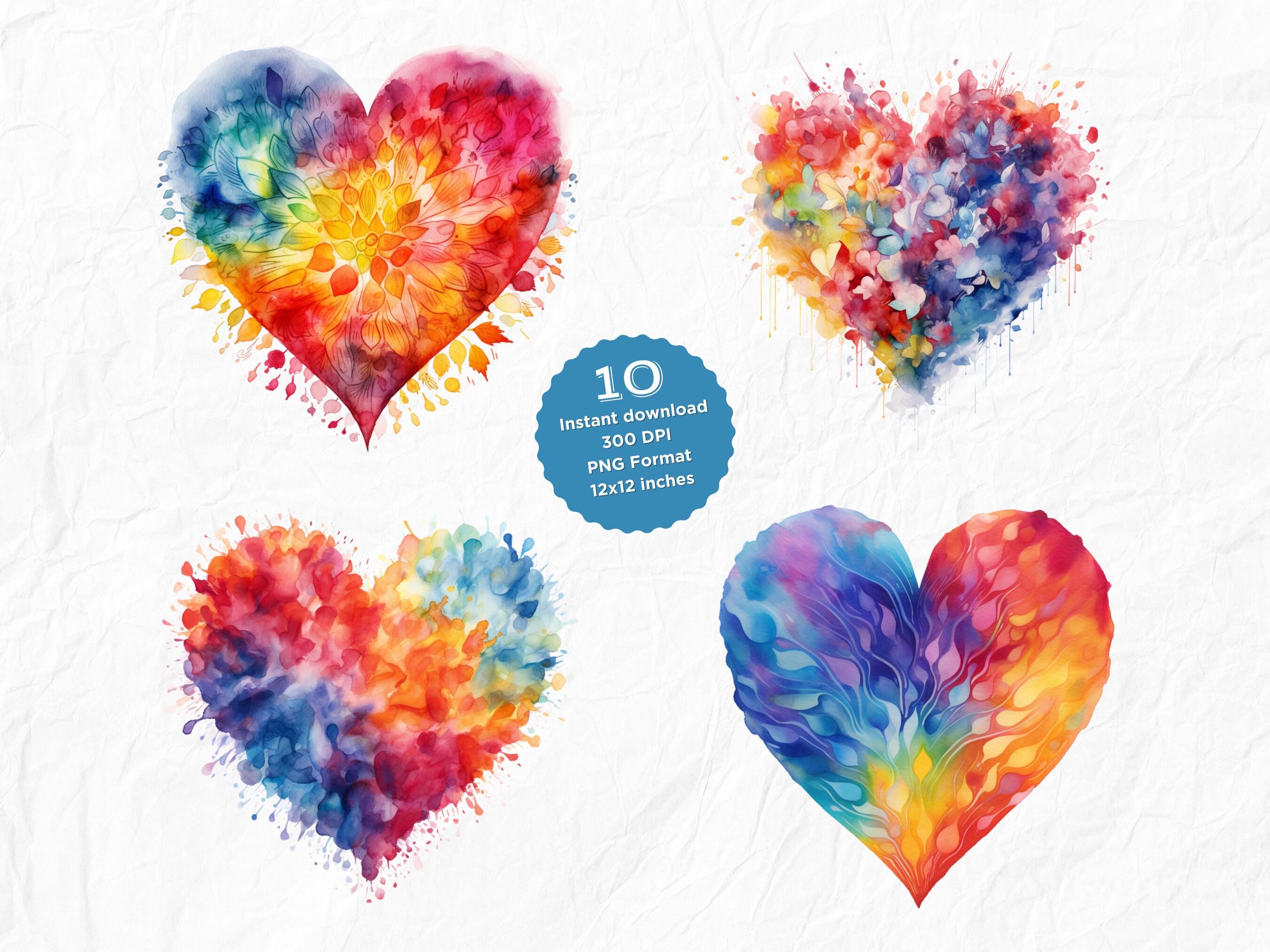 Watercolor Tie Dye Hearts Clipart - 10 PNG Files, 12x12 Inches, 300 DPI ...