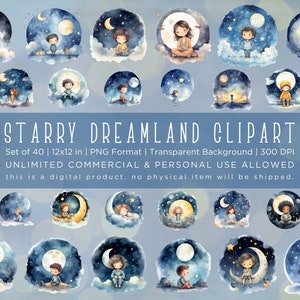 Starry Dreamland Kids Watercolor Clipart Set - 40 PNGs, Transparent Background, 12x12 Inches, 300 DPI