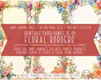 Floral Borders Paper Set - Printable Junk Journal Pages - 20 JPGs, 8.5x11 Inches, 300 DPI