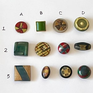 May include: Assortment of 12 buttons in various colors, patterns, and shapes. The buttons are arranged in three rows of four. The buttons are made of plastic, metal, and wood.