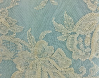 French Chantilly lace - Ailsa beaded - white - sold per half yard. 36 inches wide.