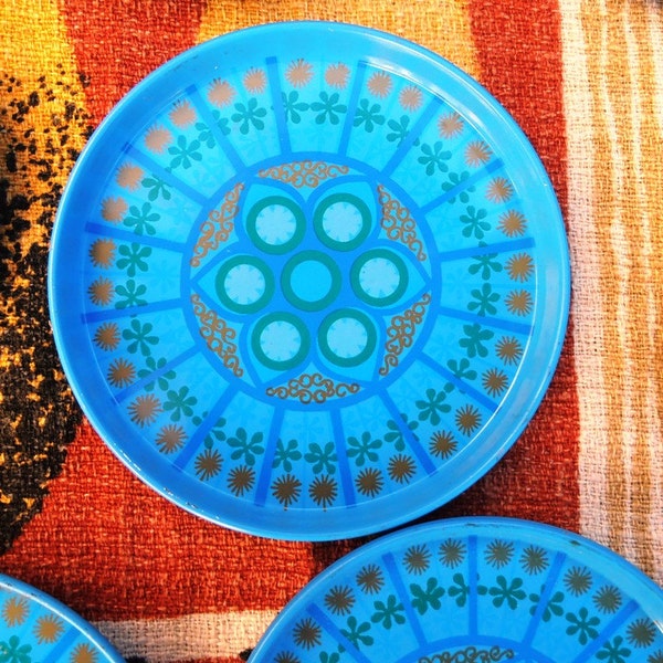 Sale Reduced, 1970s Groovy Flower Power Kitsch 6 Metal Coasters/ Drinks Table Mats, Blue, Gold, Green, Flower and Swirly Pattern