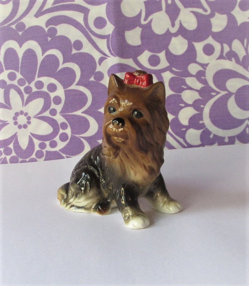 Vintage Dog Figurine Dog Ornament Yorkshire Terrier with Red image 0