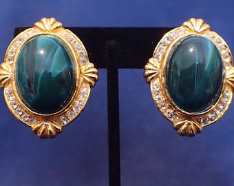 Clip On Earrings - Large Green Stone/Cabachon
