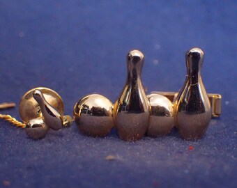 Cufflinks and Pin Set - Bowling - Gold