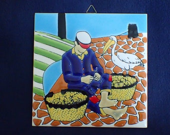 Man and Pelican - Tile Trivet - Made in Greece - by Philkeram Johnson - H & R Johnson