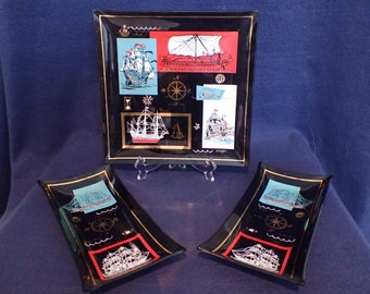 Smoked Glass Plate Set - 3 pieces - Nautical - Ships