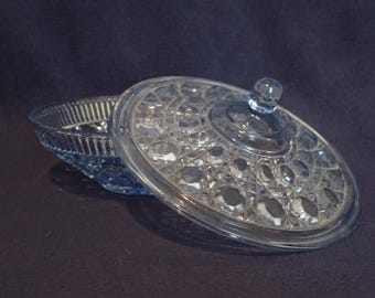 Blue Federal/Indiana Glass Candy Bowl - Windsor Pattern - Button and Cane