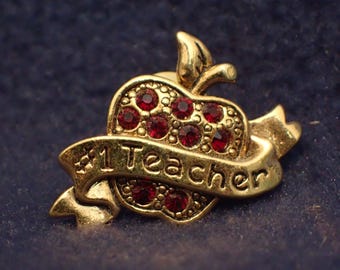 Avon Brooch - #1 Teacher - Gold Apple - Red Stone
