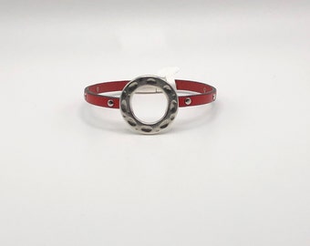 Hammered Silver Red Leather Bracelet with Magnetic Clasp Open Circle Bead Studded Leather Stackable Bracelet Boho Style Gifts for Her