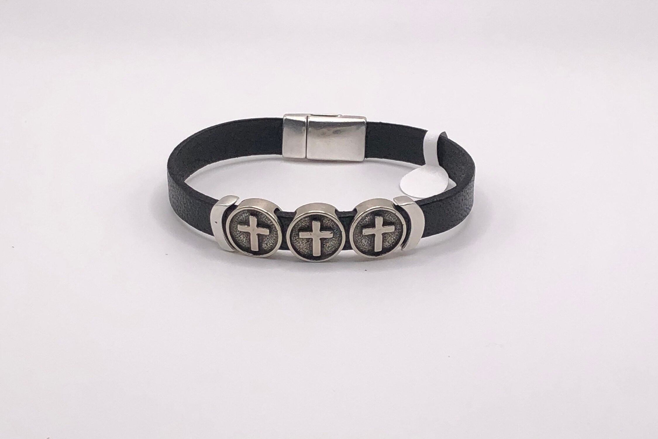 Men's Cross Black Leather Bracelet With Magnetic Clasp