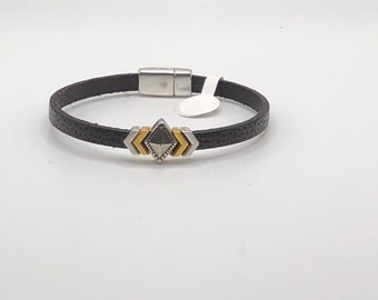 Southwest Design Leather Bracelet with Magnetic Clasp Silver and Gold Bracelet Two Tone Jewelry Gifts for Her  Friendship Bracelets