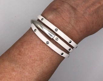 Choice of Leather Wrap Bracelet with Magnetic Clasp White Studded Leather Olive Studded Leather Gifts for Her Statement Bracelet