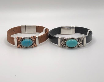 Turquoise Beaded Leather Bracelet with Magnetic Clasp Southwest Design Bracelet Turquoise Bracelet Gifts for Her Vegan Cork Bracelet