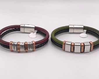 Men’s Double Strand Leather Bracelet with Magnetic Clasp Choice of Design For The Guy Leather Bracelets Gifts for Him Gifts for Dad
