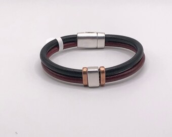 Men’s Double Strand Leather Bracelet with Magnetic Clasp Silver Copper Beaded Design Gifts for Dad For The Guy Black and Burgundy Leather