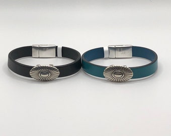 Women’s Southwest Leather Bracelet with Magnetic Clasp Black Leather Turquoise Leather Sunburst Bracelet Boho Bracelet Gifts for Her