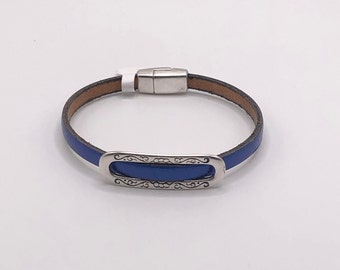 Women’s Blue Leather Bracelet with Magnetic Clasp Metallic Blue Leather Gifts for Her Girlfriend Gifts Gifts for Teens Stackable Bracelet
