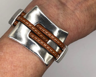 Bold Leather and Silver Bracelet with Magnetic Clasp Statement Bracelet Bold Cuff Bracelet Best Friend Gift Triple Strand Leather Bracelet