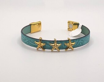 Gold Tone Starfish Bracelet with Magnetic Clasp Turquoise Leather Bracelet Beach Jewelry Starfish Jewelry Gifts for Her Vacation Jewelry