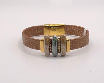 Beaded Leather Bracelet with Magnetic Clasp Gold Tone Leather Bracelet Turquoise Beaded Bracelet Gifts for Her Gifts for Mom Girlfriend Gift