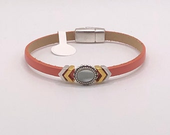 Mother of Pearl Bracelet Coral Leather Bracelet Magnetic Clasp Gifts for Her Gifts for Mom Teacher Gifts Stackable Bracelet Coral Jewelry