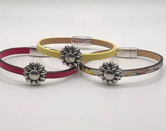 Sunflower Bead Leather Bracelet with Magnetic Clasp Floral Jewelry Mothers Day Gift Girlfriend Gift Sister Gift Gardener Gift