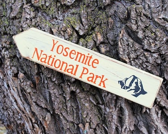 Yosemite National Park Sign, Hand Painted Distressed Wooden Directional Sign, National Park Wall Art Gift Idea
