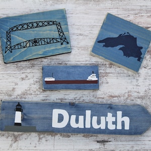 Miniature Wooden Signs / Duluth, MN Lake Superior Signs / Small Hand Painted Signs for Tiered Trays / Shelf Sitter / Mantle Decor