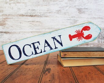 Hand Painted Ocean Sign, Lobster Decor, Distressed Wood Sign
