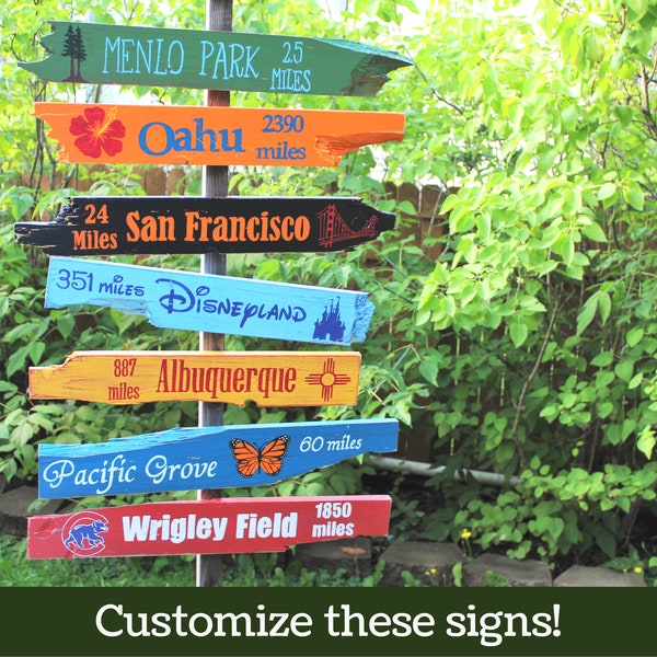 Personalized Hand Painted Distressed Wooden Directional Location Signs -  Create Your Own Signpost - You choose location, color, and image