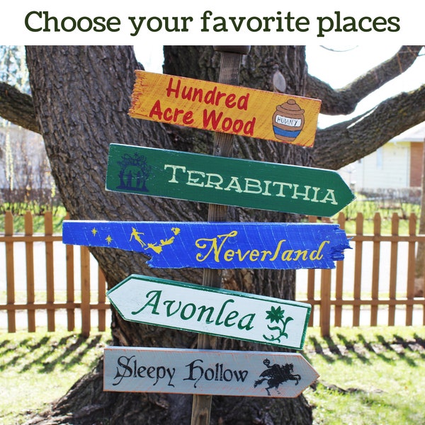 Hand Painted Distressed Wooden Directional Signs, Fantasy Directional Signs for Sign Post, Literary Destination Signs for Garden and Home