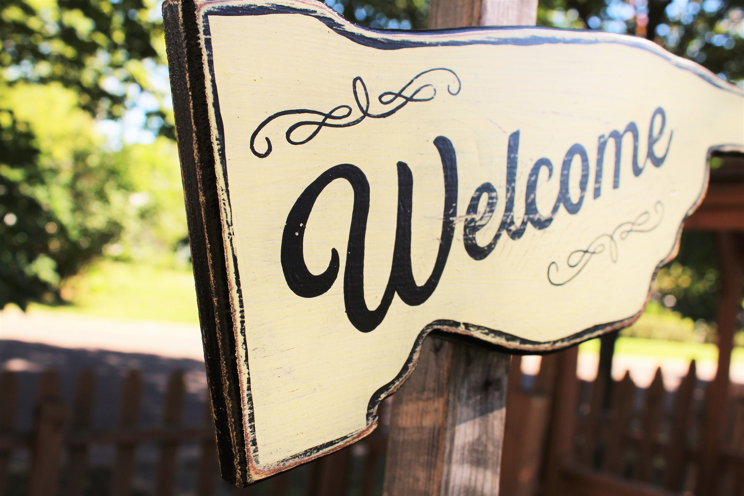 Welcome Hand Shaped Directional Sign, Hand Painted Distressed Wooden ...
