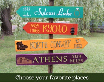 Custom Mile Marker Signs, Hand Painted Directional Signs with Locations and Miles, Décor for Front Porch, Garden, and Home, Family Hometown