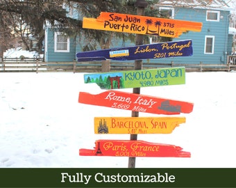 Personalized Directional Signs / Hand Painted Distressed Wooden Beach Distance Signs /  Custom Outdoor Signs with Mileage and Cities